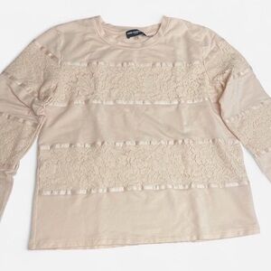 Karl Lagerfeld Paris Peach Pink Lace Striped Panel Long Sleeve Sweater Top Sz M